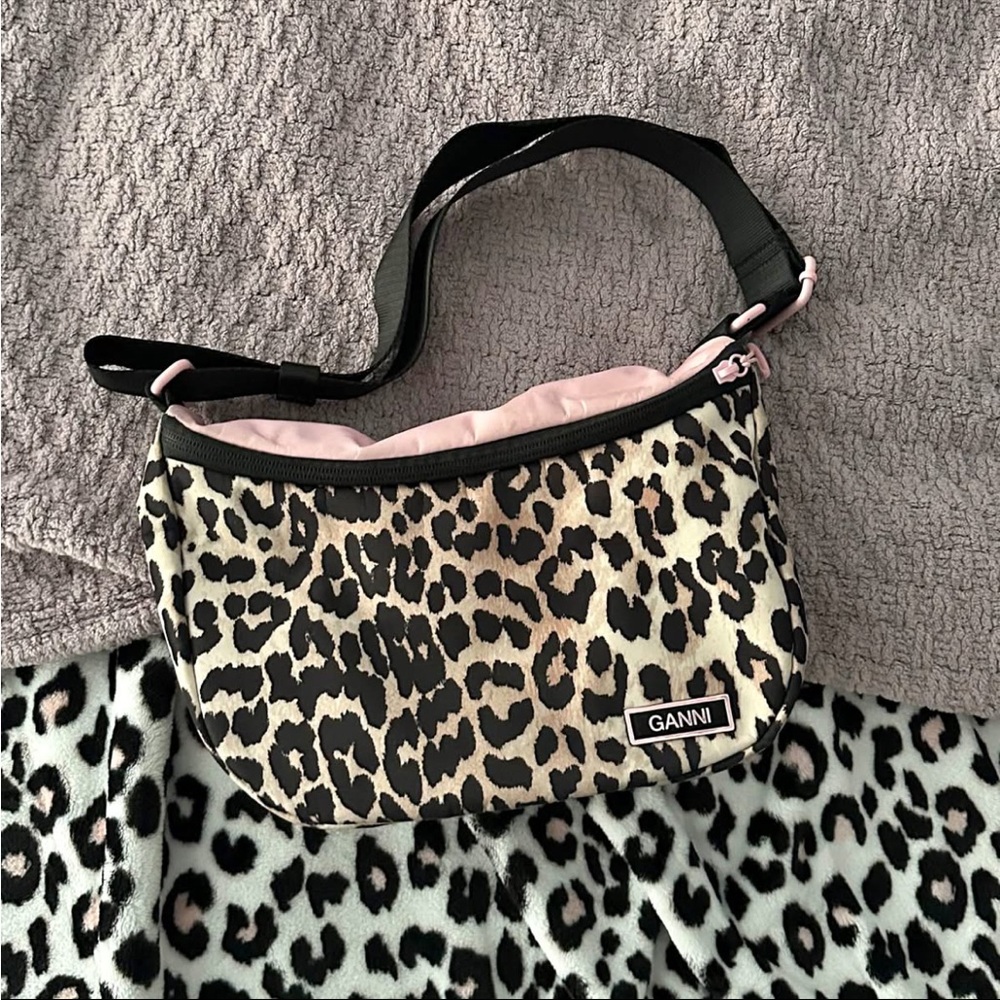 Ganni Black and Cream Leopard Shoulder Bag